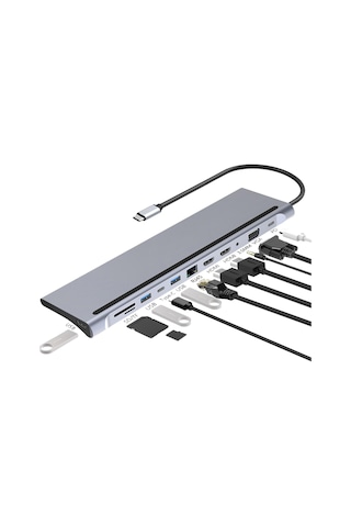 Lunatic 7011 Usb C Hub Multiport Adapter, 12 İn 1 Docking Station Usb C With 4k Hdmı, Vga, 3 Usb 2.0 & Usb 3.0, Pd 100w, Ethernet Rj45 Port, Sd/tf Reader, 3.5mm Aux For Macbook Pro/air And Other Type C Laptops