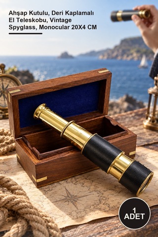 1 Adet Pirinç Dürbün Ahşap Kutulu, Deri Kaplamalı El Teleskobu, Vintage Spyglass, Monocular 20x4 Cm Sarı