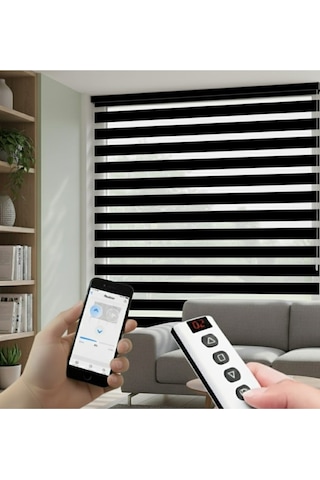 Akıllı Motorlu Zebra Perde, Zaman Ayarlı, Kumandalı, Telefon Ve Sesle Kontrol, Tuya Uyumlu Siyah