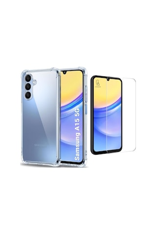 Samsung Galaxy A15 Uyumlu Köşe Dolgulu Anti Shock Telefon Kılıfı Ve Kırılmaz Cam Ekran Koruyucu