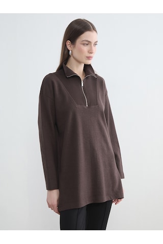 Lcw Modest Kahverengi Dik Yaka Kadın Sweatshirt Tunik