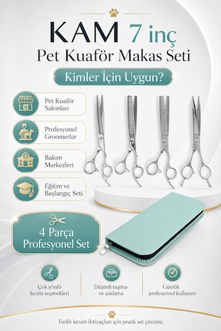Kam 7 İnç Pet Kuaförlüğü İçin Başlangıç Köpek Tıraş Makas Seti 4 Parça
