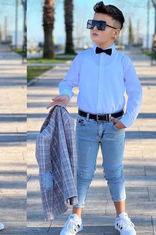 Riccotarz Erkek Çocuk Kırmızı Çizgili Blazer Ceket Kot Pantolon Alt Üst Takım Gri