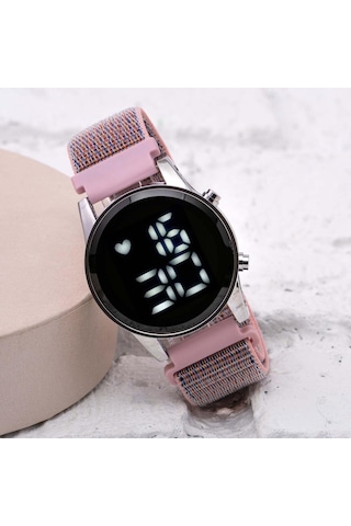 Şık Pembe Renk Cırtlı Yapışır Kordon Dijital Led Bileklik Saat ST