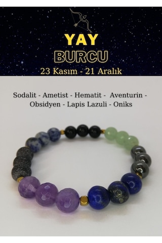 Yay Burcu Bilekliği Ametist, Obsidyen, Hematit, Aventurin, Sodalit, Lapis Lazuli, Oniks Çok Renkli