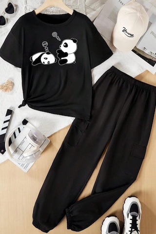 Uyguntarz Çocuk Sleep Panda Alt - Üst Eşofman Takımı Siyah