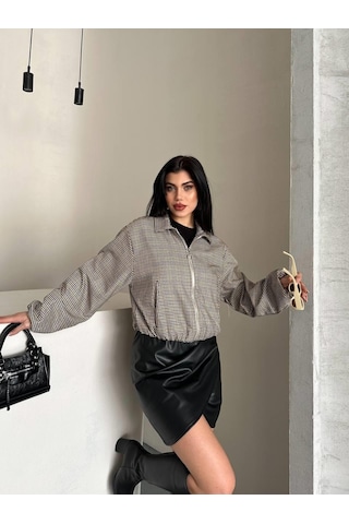 Ribana Classic Kadın Astarlı Uzun Kollu Çift Cepli Pıtıkareli Fermuarlı Kısa Bej Mont 4971 Bej