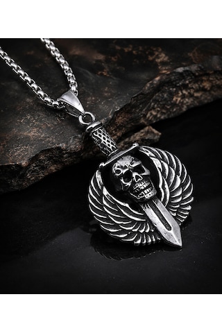 Paslanmaz Çelik Box Zincirli Gotik Tarz Darts Wings Kurukafa Kolye Gümüş