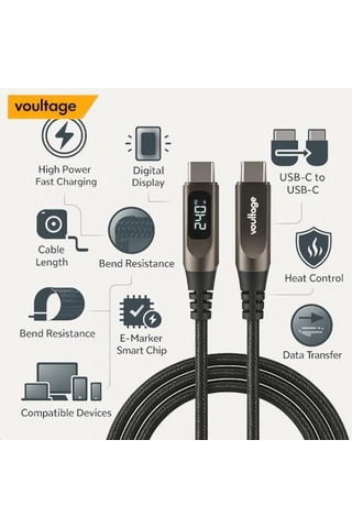 Type-c To Type-c 240w 1.2 M Dijital Watt Göstergeli Metal Uçlu Şarj Kablosu Apple iPhone Uyumlu 17, 16, 15, Samsung Galaxy S24, S2 Diğer