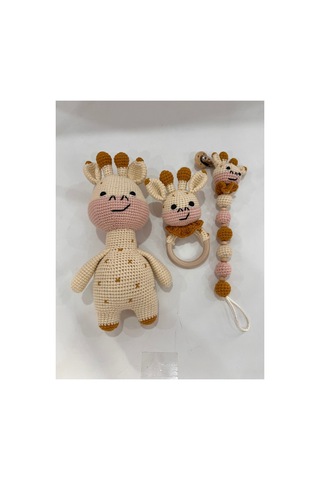 El Örgüsü Zürafa Set Amigurumi + Çıngıraklı Diş Kaşıyıcı + Emzik Zinciri Pembe