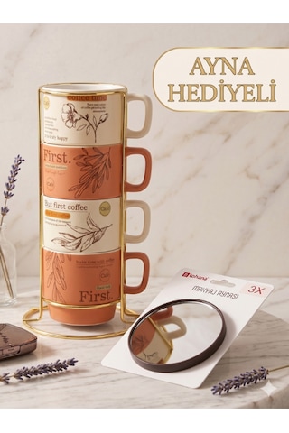 Gold Metal Standlı Dörtlü Porsleen Kupa 200 Ml Vantuzlu Makyaj Aynası Hediyeli Çok Renkli