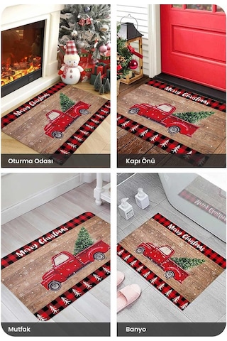 Yılbaşı Araba Desenli Kırmızı Kapı Önü Paspası, Yılbaşı Kapı Paspası 45x70cm Kırmızı