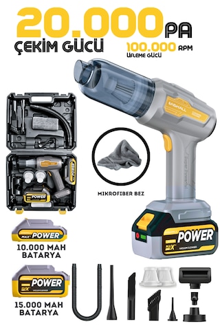 Enshall 20.000PA Çantalı Yedek Filtreli Çift Bataryalı 120 W Şarjlı Araç İçi Süpürge