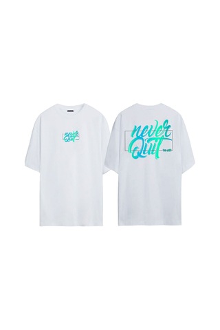 Thewert Unisex Never Quit Baskılı Beyaz Oversize T-shirt