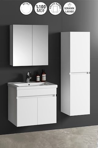Çiğdem 65+35 Cm Beyaz Balon Mdf Seramik Lavabolu Asma Banyo Dolabı Takımı