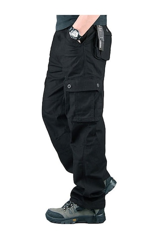 Aşınmaya Dayanıklı Çok Cepli Düz Bol Büyük Beden İş Pantolonu Siyah