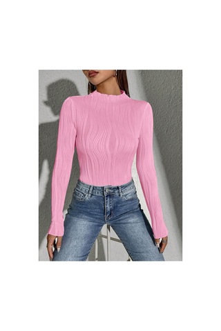 Fashion's Kadın Pembe Elastanlı Mendil Ovarlok Yuvarlak Yaka Uzun Kollu Bluz Pembe