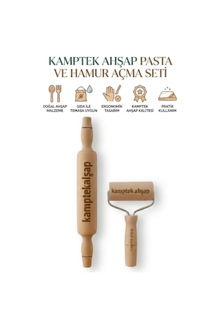 Kamptek Ahşap 2 Li Mutfak Merdane Seti Doğal Ve Ergonomik 35 Cm Düz Ve Rolo Merdane
