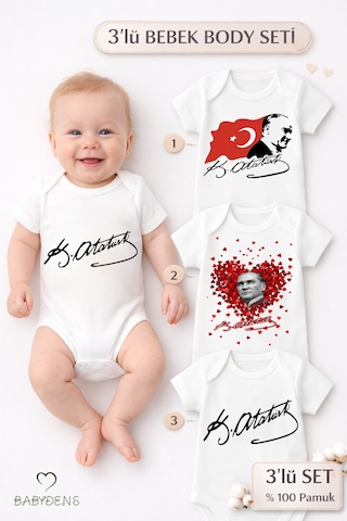 Babyden's Atatürk İmzalı 3 Lü Bebek Body Seti %100 Pamuk, Kısa Kollu,unisex Bebek Zıbın Beyaz