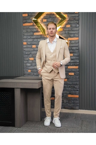 Beystil Sivri Yaka Krem Takım Elbise Petek04 -slim Fit Krem