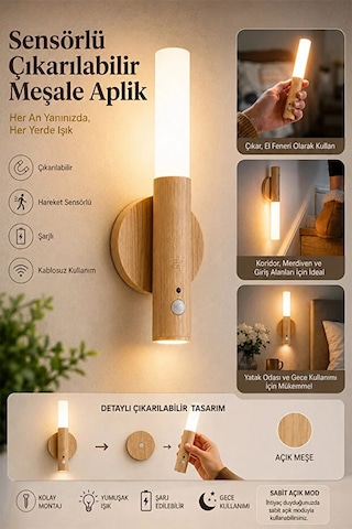 Sensörlü Şarjlı Meşale Aplik Kablosuz Led Duvar Lambası Çıkarılabilir Dekoratif Gece Işığı Wb-3022 Bej