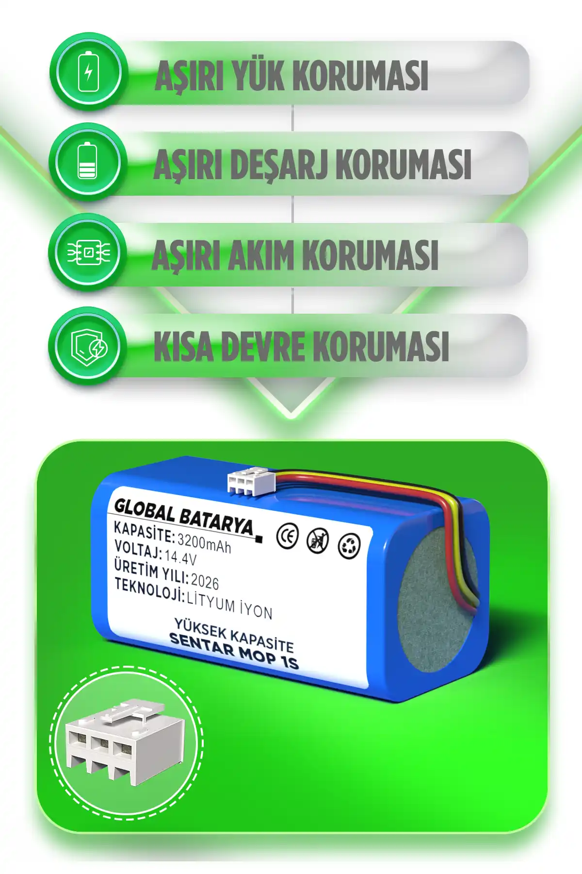 Sentar Mop 1s Uyumlu Akıllı Robot Süpürge Bataryası 14.4v 3200mah Pil Yüksek Kapasite