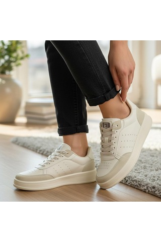 Papatay 1011 Hazır Taban Unisex Spor Ayakkabı Bağcıklı Rahat Sneaker Bej