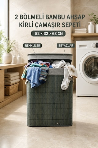 100 Litre Bambu Kirli Çamaşır Sepeti 2 Bölmeli Modern Tasarım Çamaşır Sepeti Beyaz Renkli Ayrı Gri