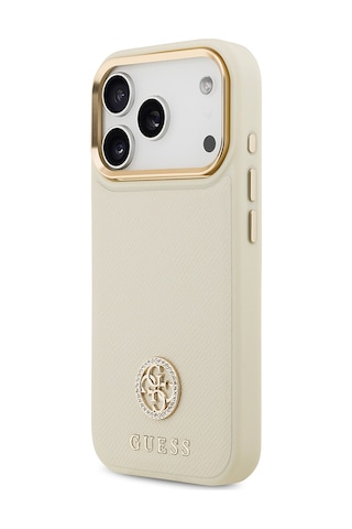 Apple Uyumlu iPhone 17 Pro Kılıf Guess Lisanslı M-safe Özellikli Grained Yazı Ve Taşlı 4g Logolu Kapak Bej Bej