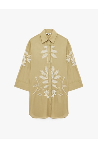Koton Pamuklu Uzun Kollu Floral Dokulu Nakış Detaylı Oversize Uzun Gömlek Tunik Ekru Desenli 6sak60012ew