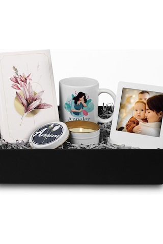 Anneler Gününe Özel Tasarım Defter & Özel Tasarım Kokulu Mum & Özel Tasarım Kupa & Beyaz Fotoğraf Çerçevesi Hediye Seti