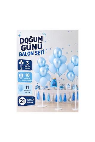 21 Balonlu Doğum Günü, Kutlama, Parti Balon Seti - 3 Adet Balon Standı - 21 Balon Adet Balon - Parti Süsleme - Bebek Partileri Mavi