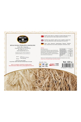 Beyaz Elmas Açık Tel Pişmaniye 400 Gr - %100 Doğal Pancar Şekerinden Üretilmiştir - Geleneksel Türk Pişmaniyesi - Tel Helva