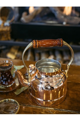 Bakır Demlik Modern Model Ahşamp Kulp Bakır Renk Oksitli Bakır