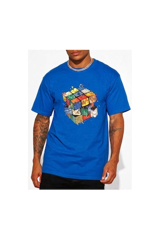 Kübik İllüstrasyon Tasarım Baskılı Kompact T-shirt Mavi