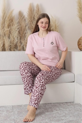 Sude Kadın Büyük Beden Düğme Yaka Penye Kısa Kol İnce Pijama Takımı P146 - 1 Adet Pembe