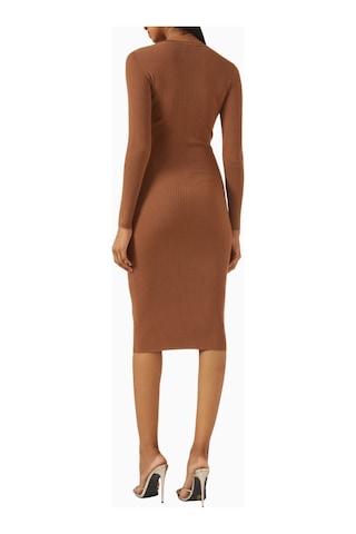 Elit Elisabetta Franchi Ribbed Chest Pocket V Yaka Logo Düğmeli, Triko Midi Elbise Abiye Bej 44