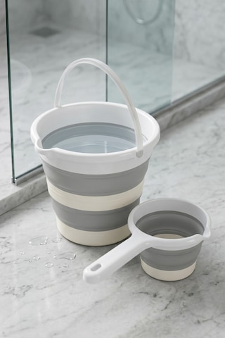 Katlanır Silikon Kova Ve Maşrapa Seti 12 Litre Yer Kaplamayan Kamp Banyo Ev Bahçe Kovası Açık Gri