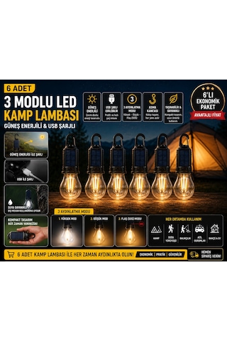 6 Adet Güneş Enerjili Usb Şarjlı 3 Modlu Led Asma Kancalı Taşınabilir Kamp Feneri Aydınlatma Lambası Çok Renkli