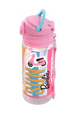 Pembe Barbie Şeffaf Matara 500ml - Çocuk Suluk, Matara, Suluk Pipetli Suluk, Askılı Suluk