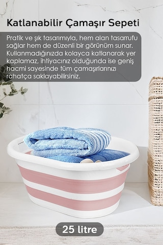 2'li Çamaşır Sepeti Seti - 90 Lt İki Bölmeli Kirli Çamaşır Sepeti Katlanabilir Akordiyon Sepet Pembe Pembe