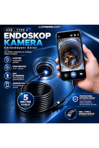 5 Metre Scope Pro Endoskop Yılan Kamera Ip67 Su Geçirmez Boroskop / Type-c & Usb Uyumlu - Android