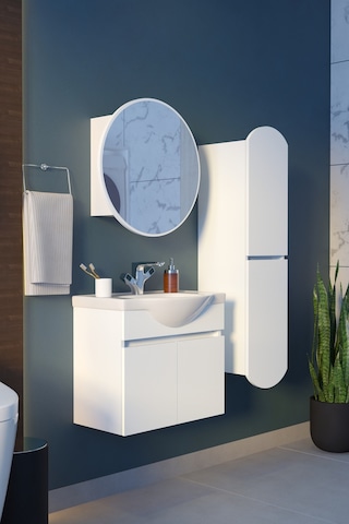 Makbulce Erciyes Havlu Dolaplı 65cm Seramik Lavabolu Mdf Oval Aynalı Banyo Dolabı Beyaz