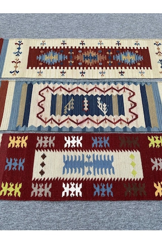 El Dokuma Dekoratif Kilim Seti 3 Adet Renkli %100 Yün Kilim