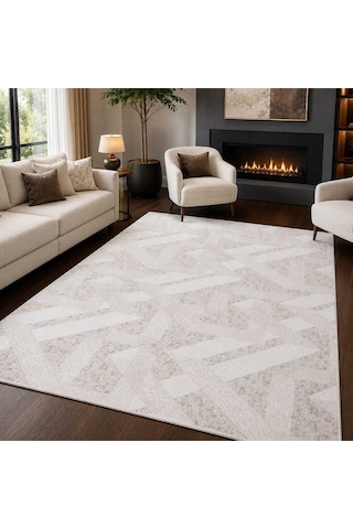 Modern Geometrik Desenli Kaymaz Jel Taban Halı Ve Yolluk Krem