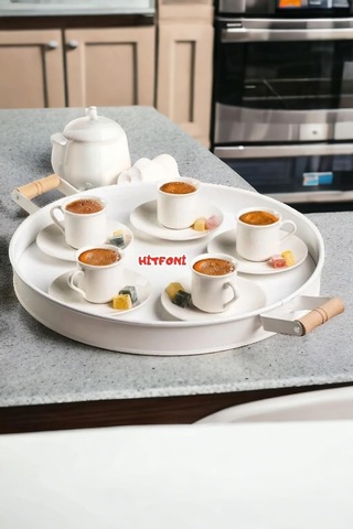 Toptanfoni 37cm Ahşap Kulplu Beyaz Metal Tepsi Yuvarlak Tepsi Çay Sunum Tepsisi Beyaz