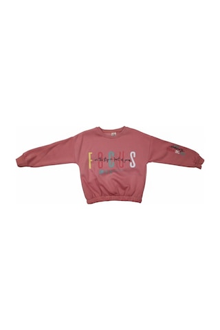 Fesshera Kids Kız Çocuk Sweatshirt Beli Lastikli Bisiklet Yaka Uzun Kollu Baskılı Kışlık Pamuklu Sweatshirt Pudra