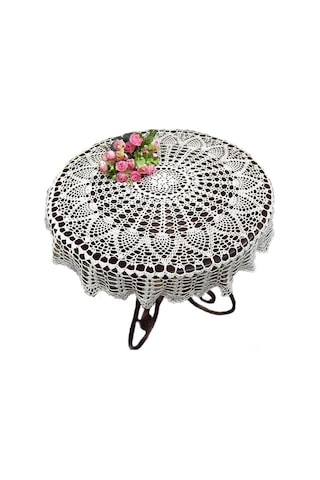 Ulzyvf El İşi Pamuklu Dantel Masa Örtüsü - 65-70 Cm Yuvarlak Ayçiçeği Desenli Beyaz Beyaz