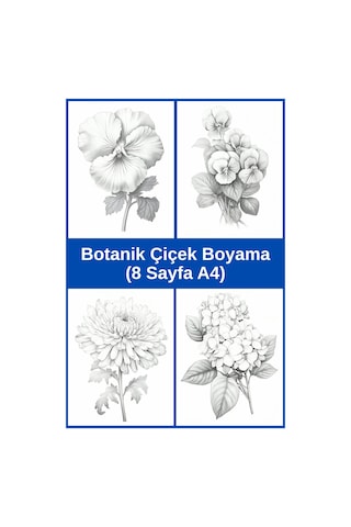 Botanik Çiçek Boyama Sayfaları 4, 8 Adet A4 Boyut .