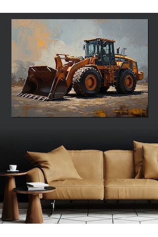 Şantiyede Çalışan Modern Sarı Dozer Dekoratif Kanvas - Mdf Ahşap Tablo